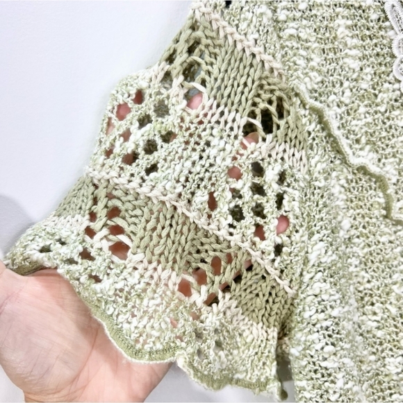 Sage green beaded lace short sleeve knit sweater L - Picture 6 of 13